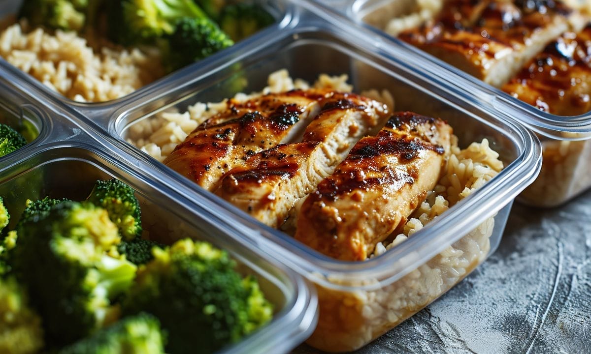 meal prep containers with  grilled chicken breast, brown rice, and steamed broccoli